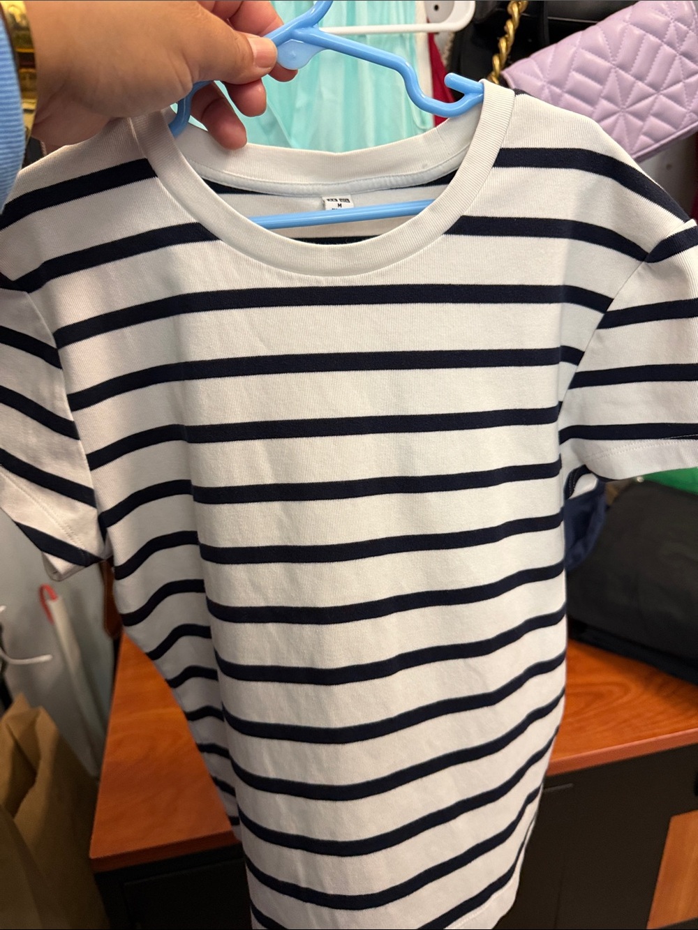 Uniqlo White and Navy Striped Short Sleeve Tee - Kids